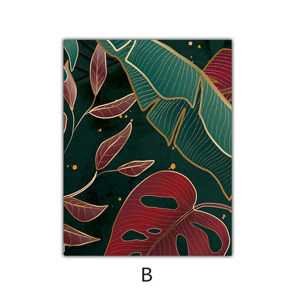 Modern Abstract Tropical Botany Wall Art Fine Art Canvas Prints Red Green Palm Leaves Posters Pictures For Living Room Hotel Room Decor