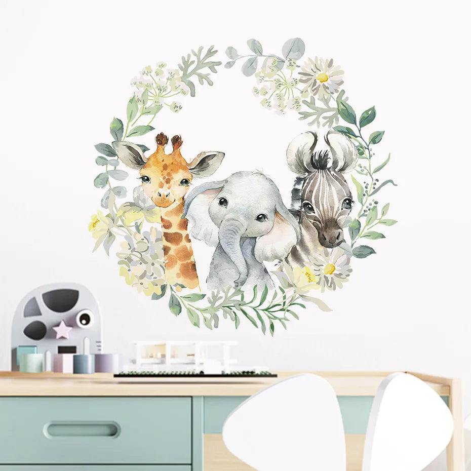 Cute Watercolor Giraffe Elephant & Zebra Wall Stickers For Children's Nursery Room Removable Peel & Stick Wall Decals For Creative DIY Home Decor