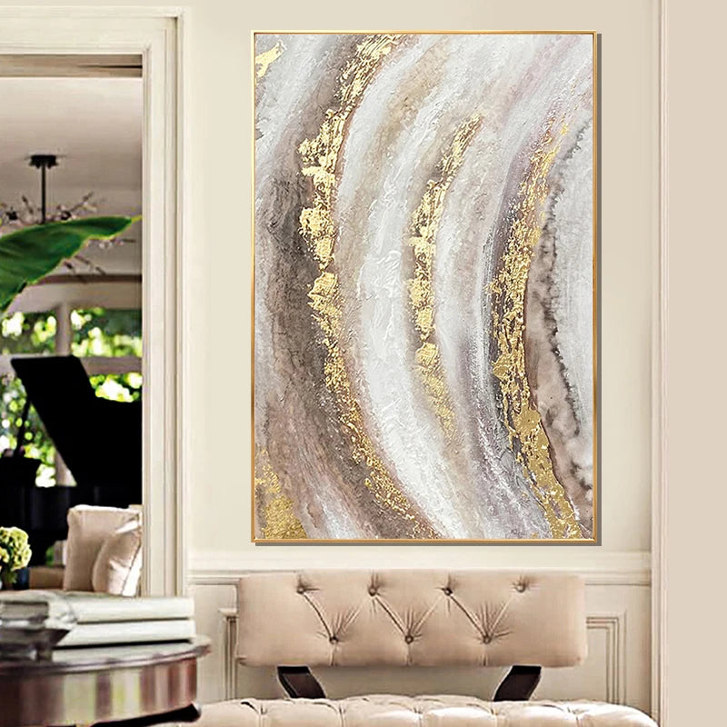 * Hand Painted * Large Format Golden Abstract Wall Art Painting Textured Brushed Strokes Acrylic Oil On Canvas Picture For Living Room Decor