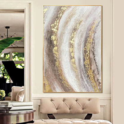 * Hand Painted * Large Format Wall Art Golden Abstract Painting Textured Brushed Strokes Acrylic Oil On Canvas Picture For Living Room Decor