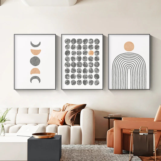 Minimalist Moon Phases Wall Art Fine Art Canvas Prints White Beige Gray Geometric Pictures For Modern Living Room Bedroom Home Office Art Decor