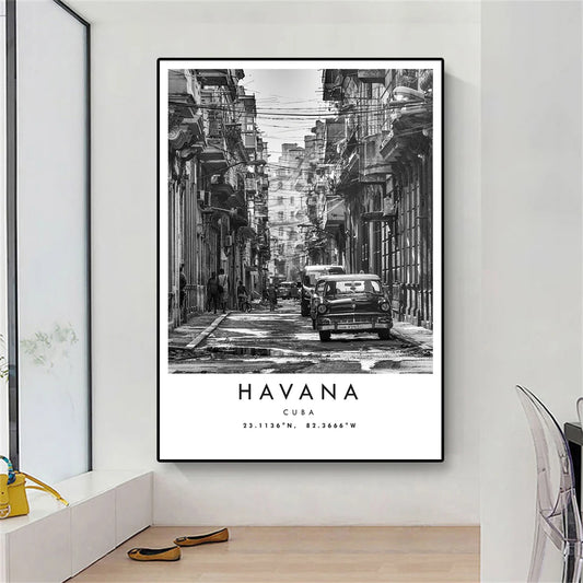 Cuba Havana Black & White Travel Poster Wall Art Fine Art Canvas Prints Pictures For Living Room Dining Room