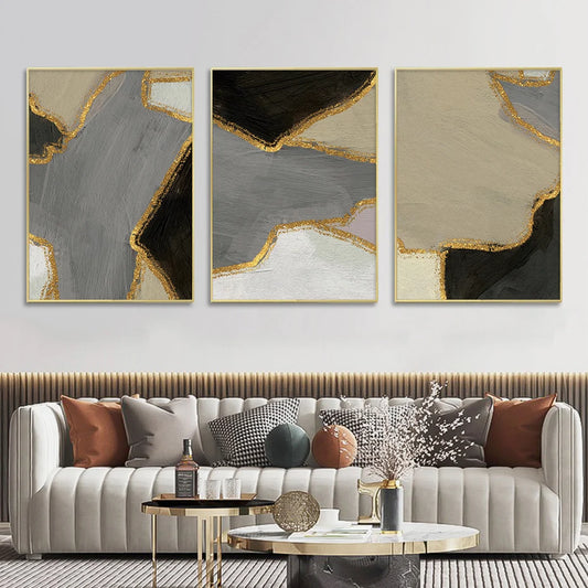 Abstract Block Color Wall Art Black Gray Beige Golden Fine Art Canvas Prints Pictures For Modern Apartment Living Room Contemporary Home Decor