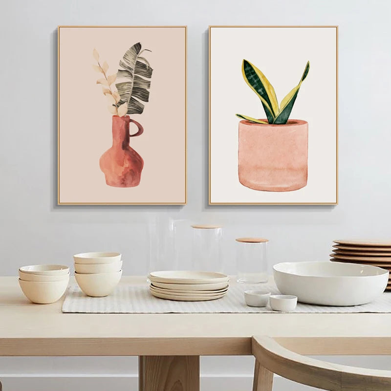 Minimalist Watercolor Cactus Potted Plant Green Leaves Wall Art Fine Art Canvas Prints Pictures For Dining Room Living Room Art Decor