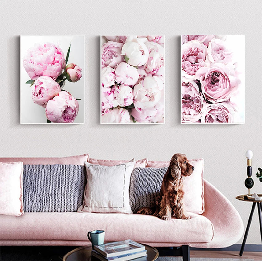 Minimalist Floral Pink & White Peonies Wall Art Fine Art Canvas Prints Pictures For Modern Living Room Bedroom Boutique Salon Home Decoration