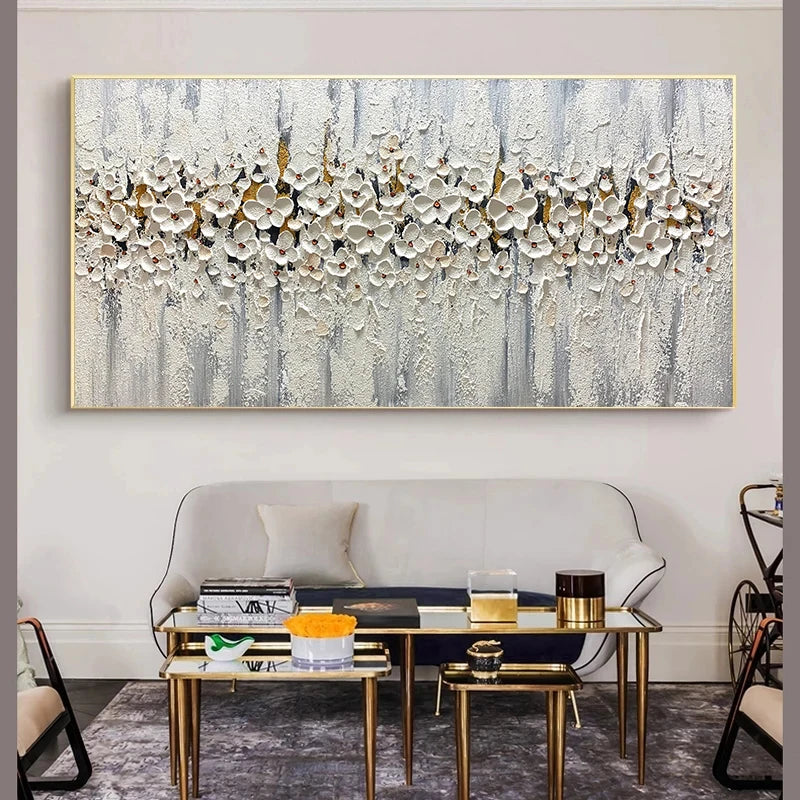 Modern Abstract Floral Oil Painting Fine Art Canvas Print Large Format Wall Art White Petal Flower Pictures For Living Room Bedroom Art Decor