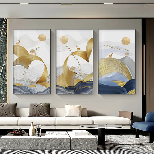 Modern Abstract Auspicious Flowing Golden Deer Landscape Wall Art Fine Art Canvas Prints Pictures For Dining Room Living Room Home Office Decor