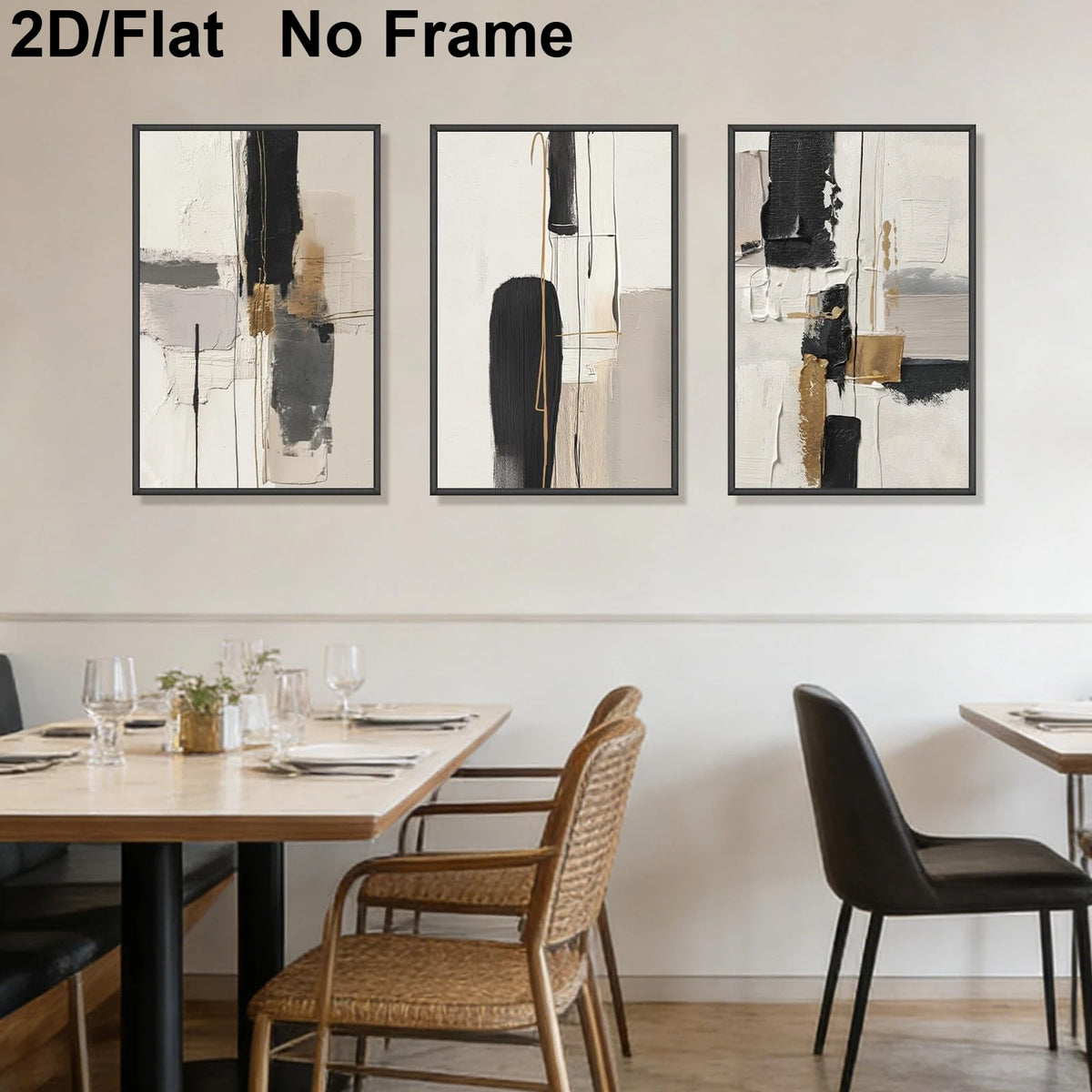 Three-piece abstract wall art set with black, white, gray, and gold brushstrokes, displayed in a modern dining room setting above a wooden table and chairs. 