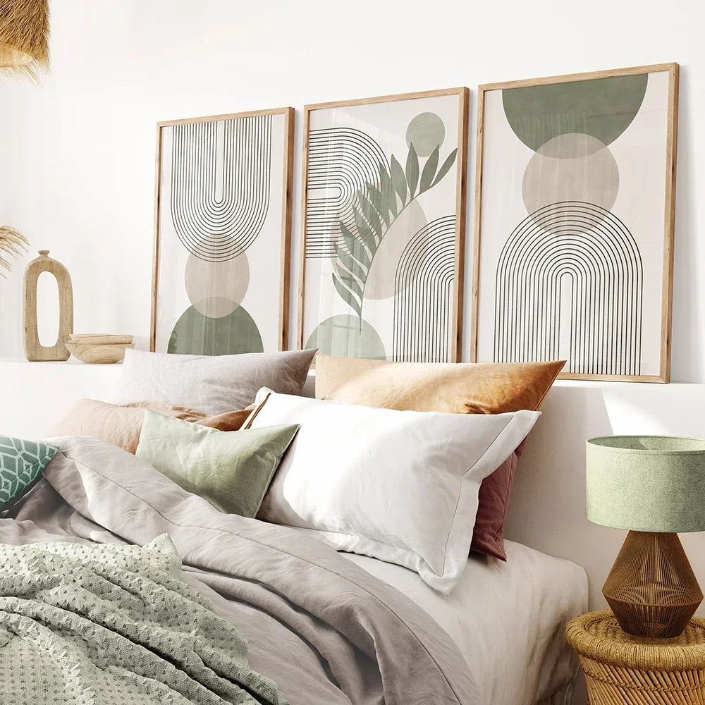 Set of 3Pcs Neutral Colors Beige Green Abstract Geometric Botanical Wall Art Fine Art Canvas Prints Pictures For Living Room Dining Room Art Decor