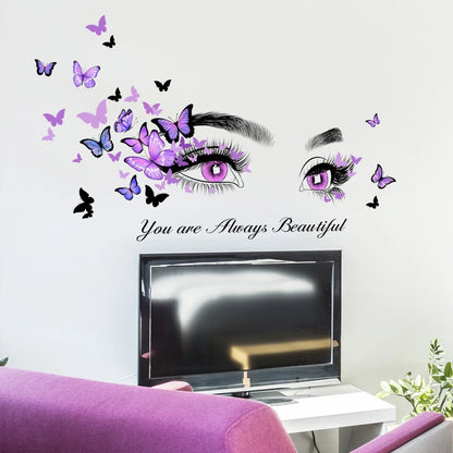 Beauty Eyes Purple Butterflies Wall Sticker Art Mural Removable Peel & Stick Vinyl PVC Wall Decal For Kid's Room Girl's Room Creative DIY Home Decor 