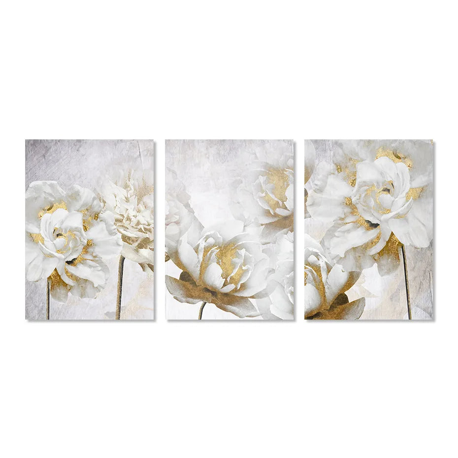 Opulent Blossoms Elegant White Flowers with Gold Accents Canvas Wall Art Fine Art Canvas Prints Posters Floral Pictures For Modern Living Room