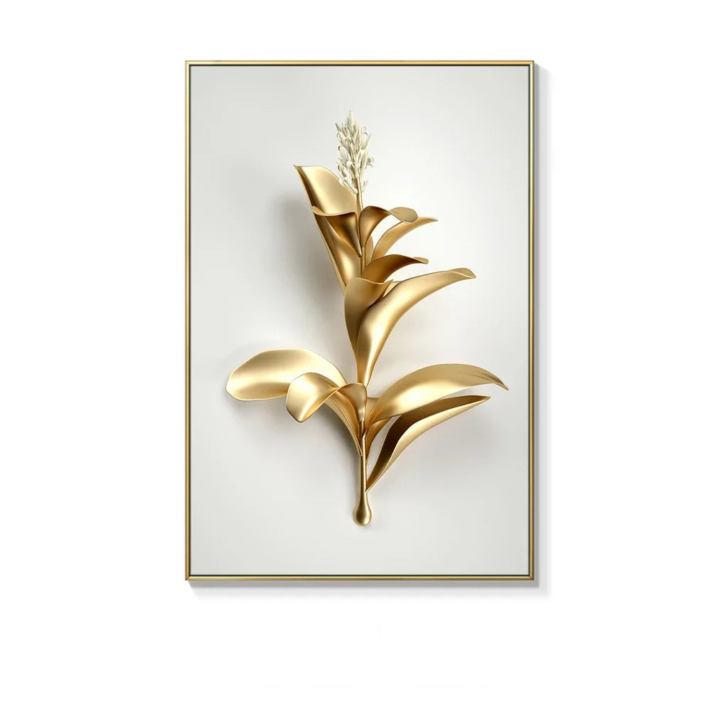 Decorative wall art with gold floral design on a white background