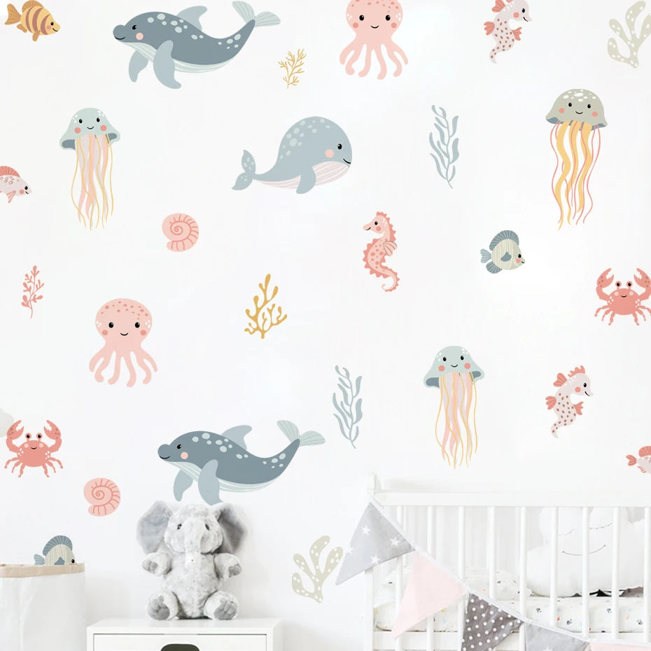 Ocean Dreams Watercolor Nursery Wall Decals – Gentle Marine Life & Underwater Creatures Wall Stickers for Baby’s Nursery Room Children’s Bedroom Wall Decorations