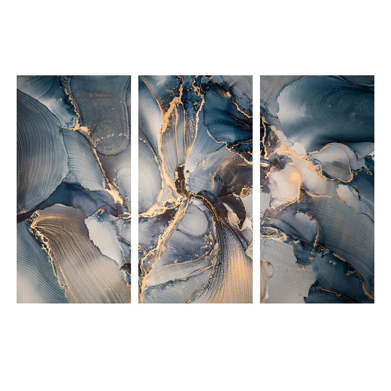 Set of 3Pcs Abstract Golden Blue Liquid Marble Print Wall Art Fine Art Canvas Prints Pictures For Modern Living Room Bedroom Home Office Decor