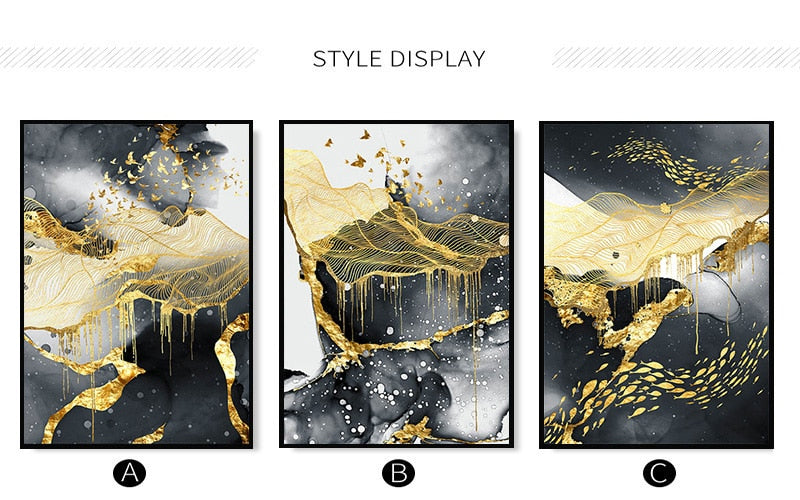 * Featured Sale * Modern Abstract Black Golden Liquid Organic Marble Wall Art Fine Art Canvas Prints For Home Office Art Decor (Set of 3)