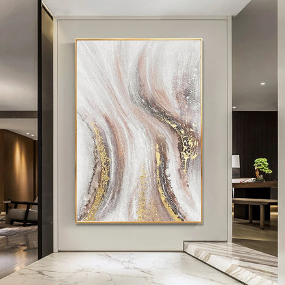 * Hand Painted * Large Format Golden Abstract Wall Art Painting Textured Brushed Strokes Acrylic Oil On Canvas Picture For Living Room Decor