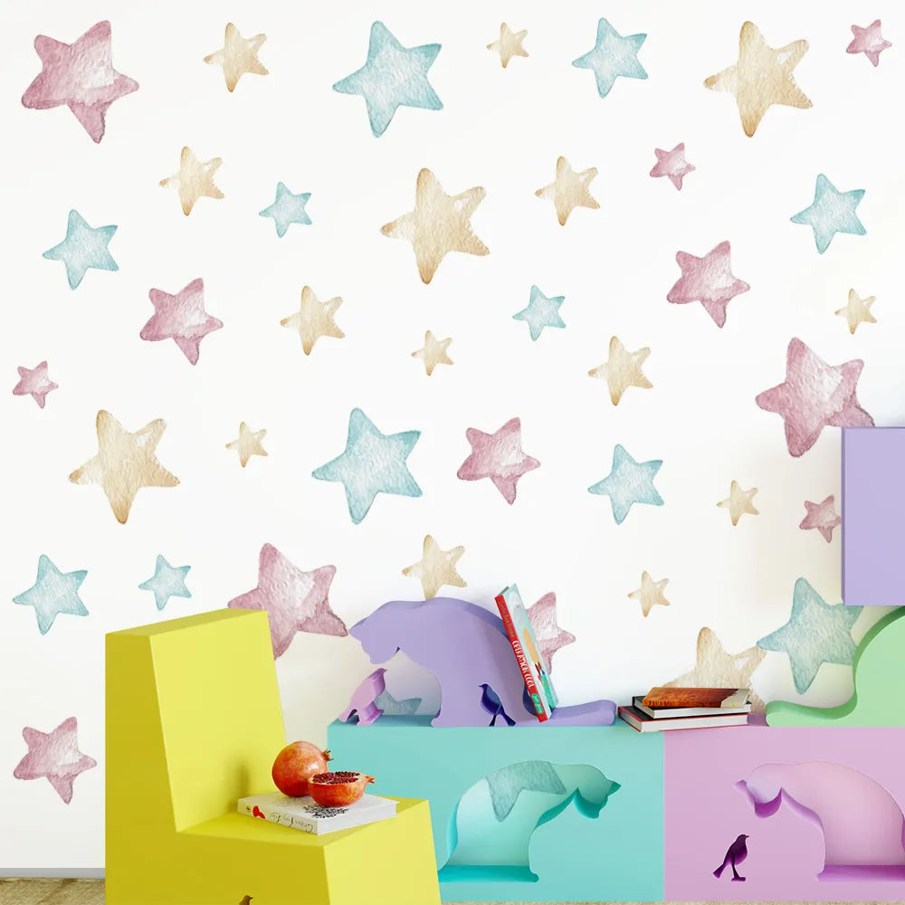 Cute Multi-Color Hand-Painted Stars Wall Stickers For Nursery Room Removable Peel & Stick PVC Vinyl Wall Decals For Creative DIY Home Decor