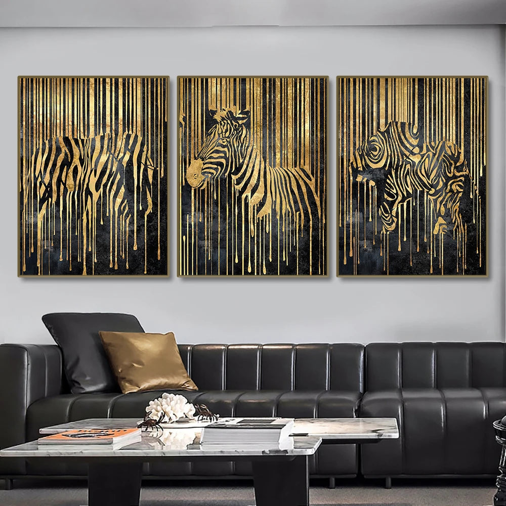 Modern Abstract Golden Zebra Lines Lion Elephant Tiger Wall Art Fine Art Canvas Prints Pictures For Luxury Apartment Living Room Dining Room Art Decor