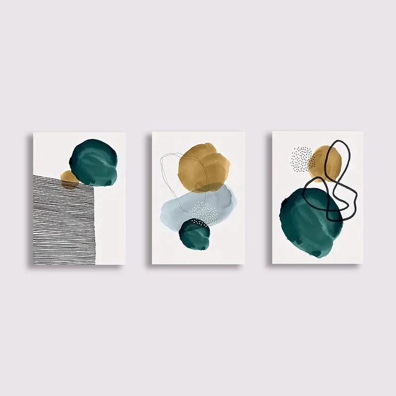 Three abstract art prints with geometric shapes on a white background