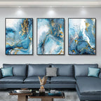 * Featured Sale * Set of 3Pcs Modern Abstract Blue Golden Liquid Marble Wall Art Fine Art Canvas Prints Elegant Pictures For Living Room Decor