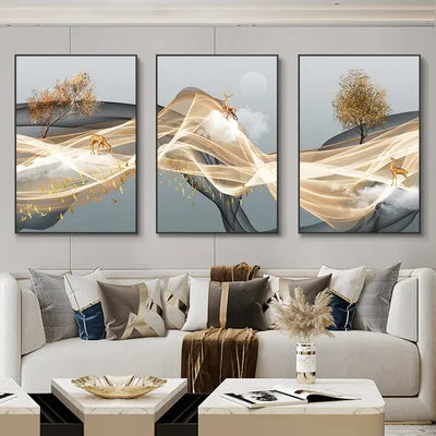 Set of 3Pcs Abstract Flowing Landscape Wall Art Fine Art Canvas Prints Auspicious Pictures For Living Room Home Office