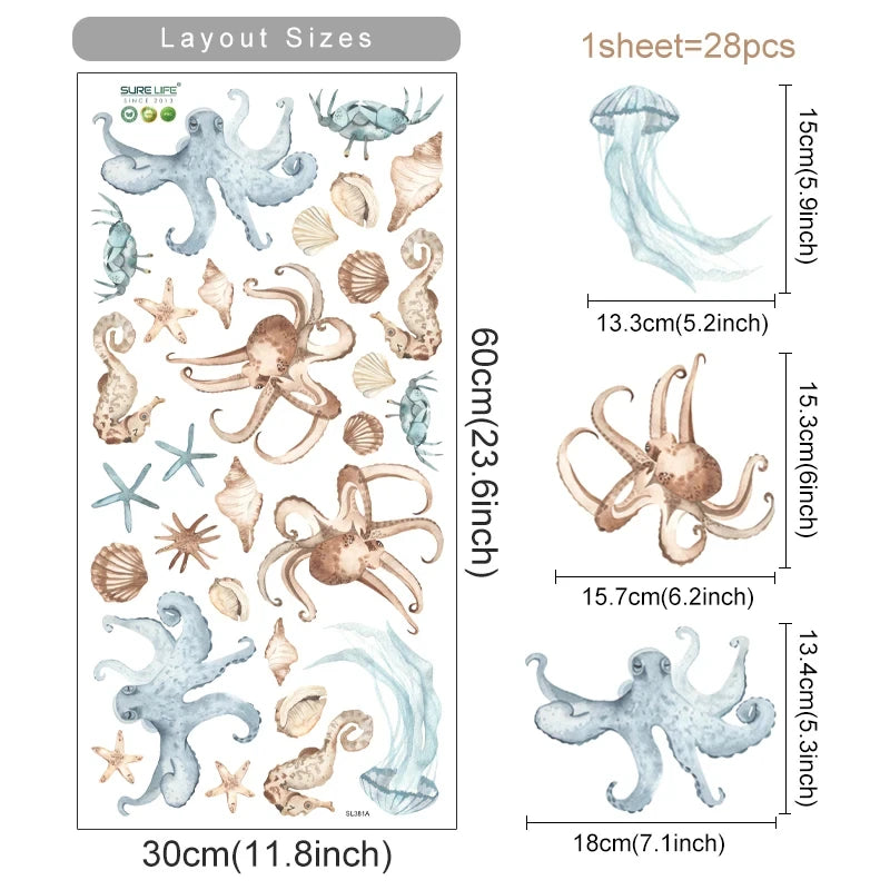 Sea Horse Turtle Whale Wall Ocean Animals Decals Removable PVC Vinyl Wall Sticker For Children's Nursery Room Kid's Playroom Creative Decor