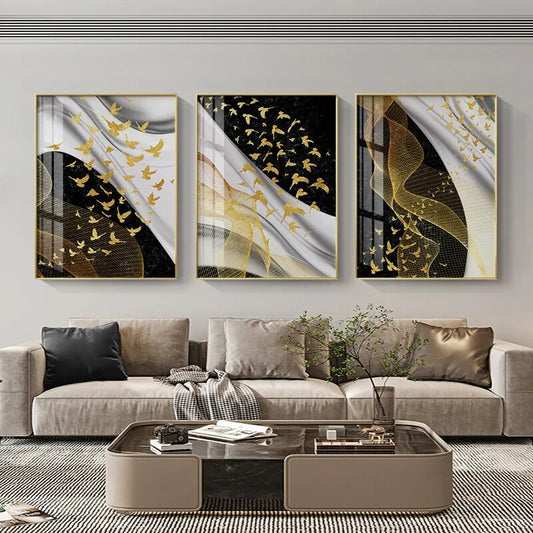 Modern Abstract Birds Flowing Wall Art Fine Art Canvas Prints Black White Nordic Golden Pictures For Luxury Apartment Living Room Home Office Decor