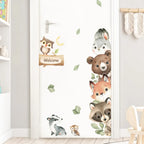 Cartoon Door Stickers Forest Animals Bear Rabbit Watercolor Wall Sticker for Kids Room Baby Nursery Room Wall Decals Home Decor