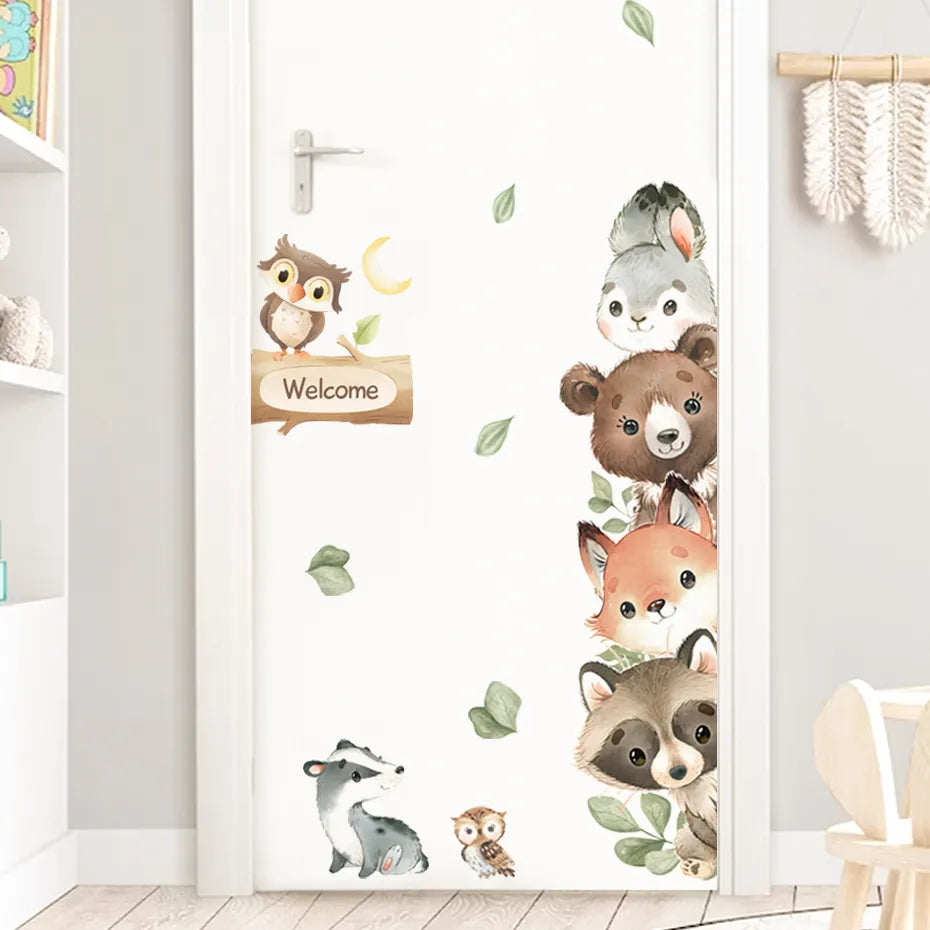 Cartoon Door Stickers Forest Animals Bear Rabbit Watercolor Wall Sticker for Kids Room Baby Nursery Room Wall Decals Home Decor