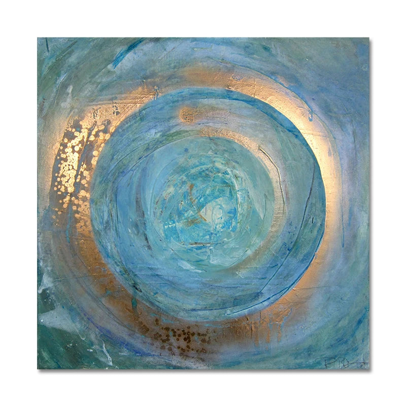 Blue Golden Swirl Circle Wall Art Fine Art Canvas Prints Square Format Abstract Pictures For Living Room Bedroom Home Office Art Decor