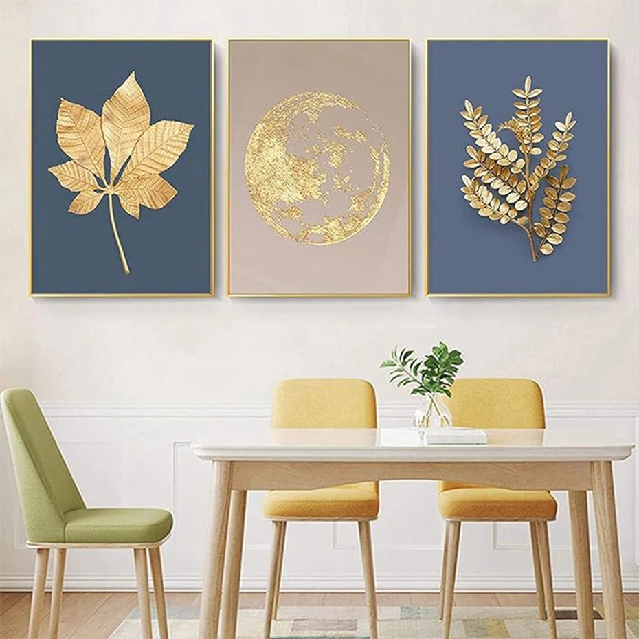 Blue Minimalist Golden Abstract Floral Wall Art Fine Art Canvas Prints Pictures For Luxury Living Room Dining Room Home Office Art Decor