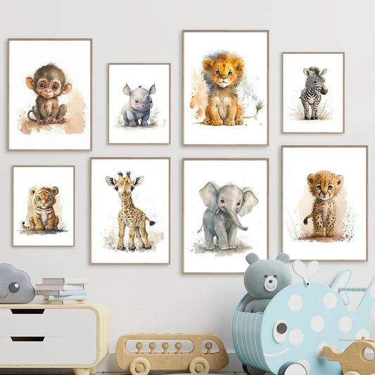 Cute Baby Animals Paintings For Nursery Room Giraffe Lion Tiger Zebra Chimp Elephant Posters Prints Pictures For Baby's Room Wall Decor