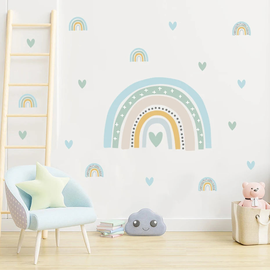 Cute Pink Rainbow Love Hearts Nursery Wall Decals Removable Self Adhesive PVC Wall Stickers Baby Girl's Room Creative DIY Home Decor