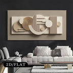 Abstract wall art in a modern living room setting with a sofa and coffee table.