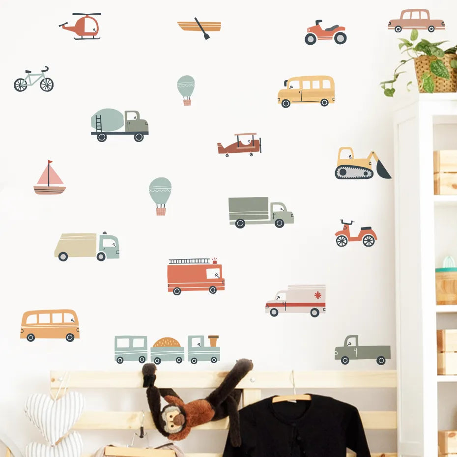 Cute Cartoon Trucks Buses & Cars Wall Stickers For Boy's Room Removable Peel & Stick PVC Wall Decals For Creative DIY Nursery Home Decor 