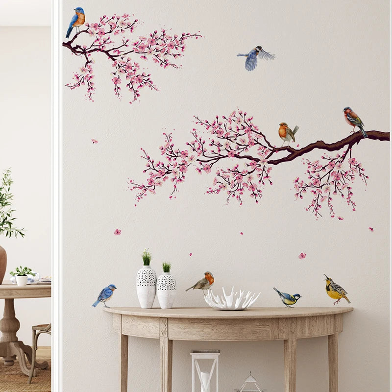 Pink Blossom Birds On The Branch Wall Mural For Bedroom Living Room Removable Peel & Stick PVC Vinyl Wall Decal For Creative DIY Home Decor