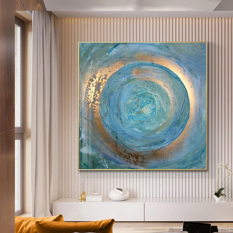 Blue Golden Swirl Circle Wall Art Fine Art Canvas Prints Square Format Abstract Pictures For Living Room Bedroom Home Office Art Decor