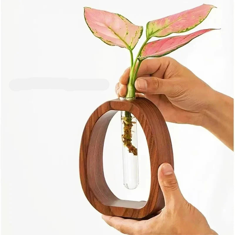 Handmade Nordic Wooden Frame Vase With Clear Glass Tube For Minimalist Floral Arrangements Modern Scandinavian Home Decor