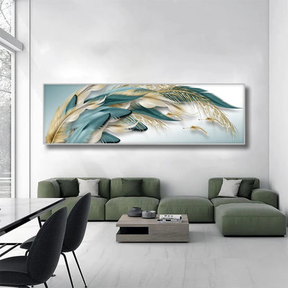 Modern Abstract Golden Blue Green Feathers Wall Art Fine Art Canvas Prints Wide Format Picture For Above The Sofa Above The Bed Art Decor