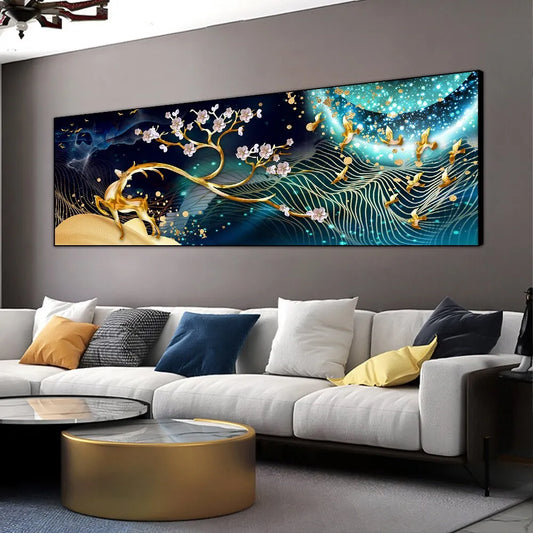 Modern Abstract Auspicious Golden Deer Geometric Landscape Wall Art Wide Format Canvas Print For Above The Sofa, Above The Bed