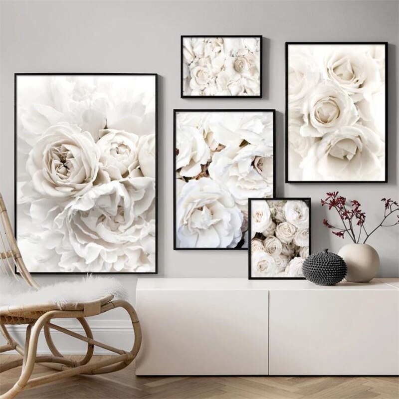 Simple Floral White Rose Peonies Wall Art Fine Art Canvas Prints Black White Botanical Pictures For Living Room Modern Interiors Home Decor