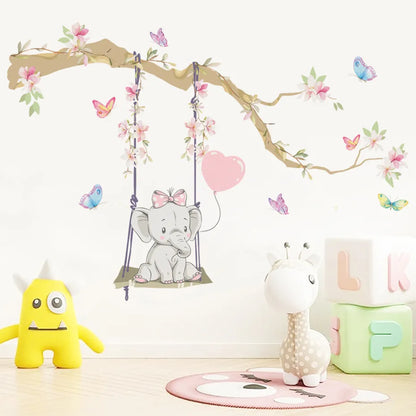 Cute Baby Elephant Balloons & Butterflies Wall Stickers For Children's Nursery Room Removable Peel & Stick Wall Decals For Creative DIY Home Decor 