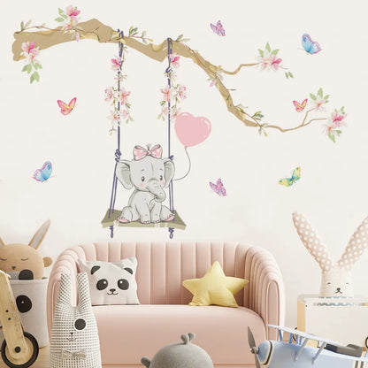 Cute Baby Elephant Balloons & Butterflies Wall Stickers For Children's Nursery Room Removable Peel & Stick Wall Decals For Creative DIY Home Decor