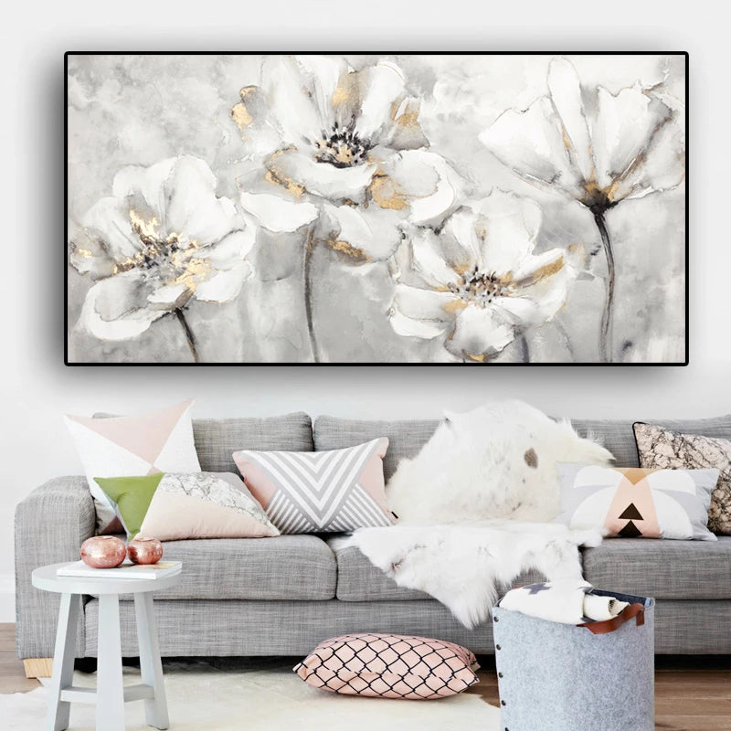 Big White Floral Abstract Wall Art Fine Art Canvas Prints Modern Botanical Pictures For Living Room Hotel Room Bedroom Art Decor