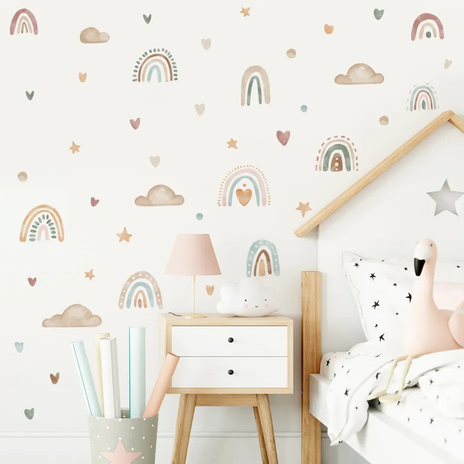 Cute Rainbow Clouds & Love Hearts Wall Stickers For Nursery Room Removable PVC Vinyl Wall Decals For Kid's Room Creative DIY Home Decor