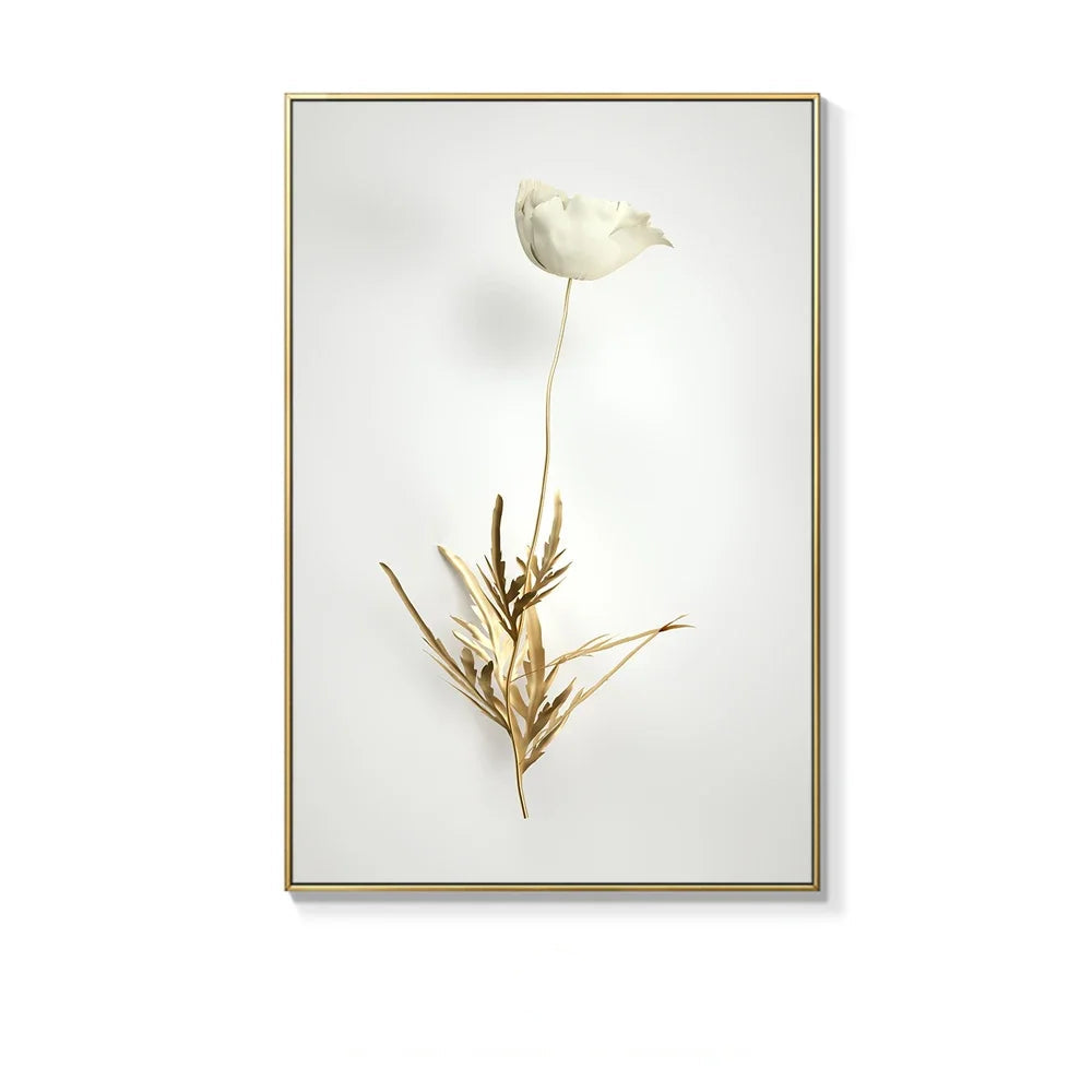 Framed artwork of a white flower with gold leaves on a light gray background