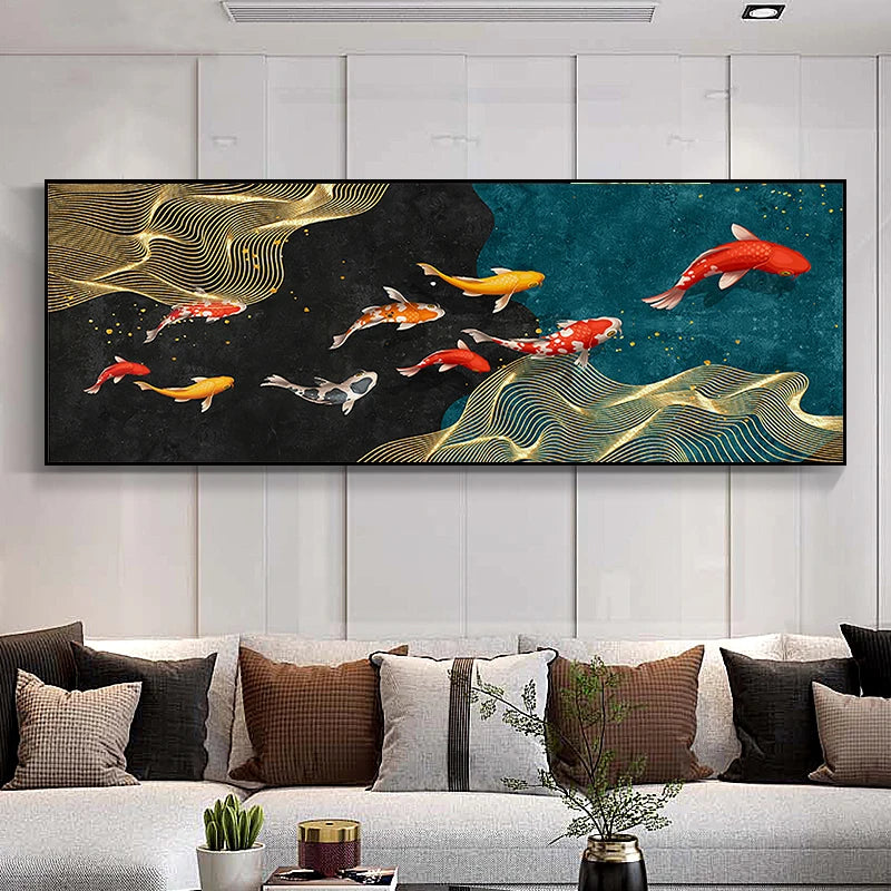 Auspicious Feng Shui Abstract Golden Fish Wall Art Fine Art Canvas Prints Wide Format Pictures For Living Room Above The Sofa Art For Above The Bed