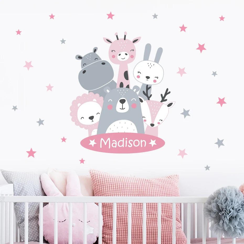 Cute Animals Baby Hippo Bear Lion Fox Deer Personalized Baby's Name Wall Decals Removable Peels & Stick PVC Wall Stickers For Nursery Wall Decor