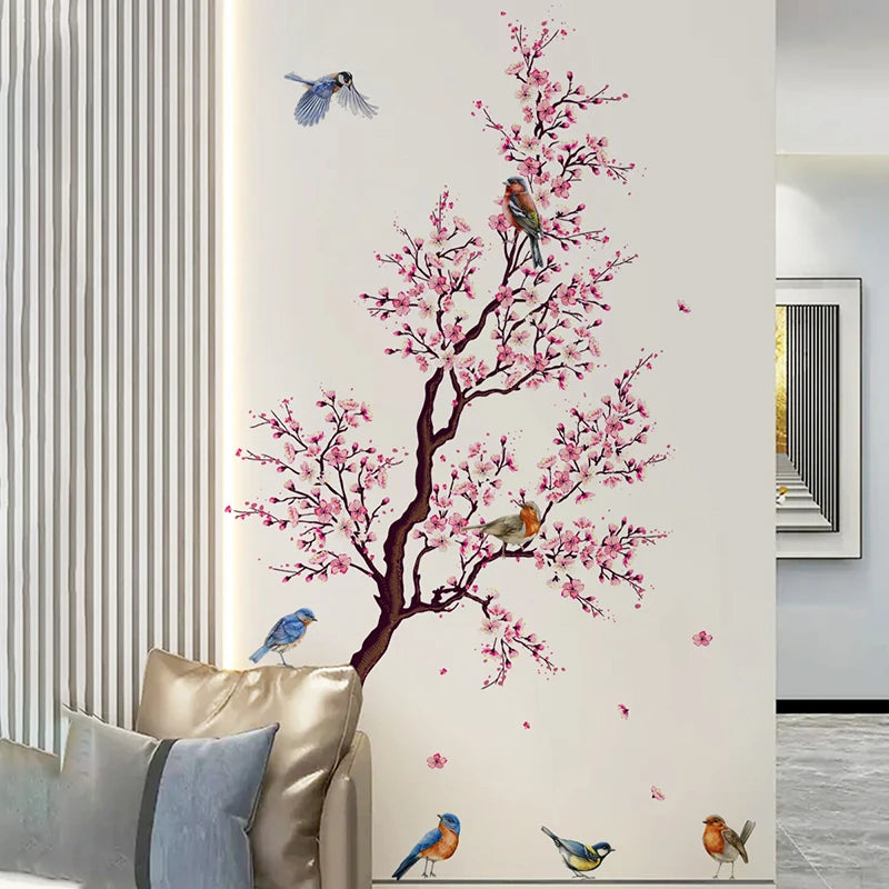 Pink Blossom Birds On The Branch Wall Mural For Bedroom Living Room Removable Peel & Stick PVC Vinyl Wall Decal For Creative DIY Home Decor
