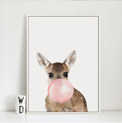 Baby Animals Pink Bubble Gum Zebra Giraffe Koala Bear Cub Cute Nursery Wall Art Fine Art Canvas Prints Posters For Baby's Room Decor